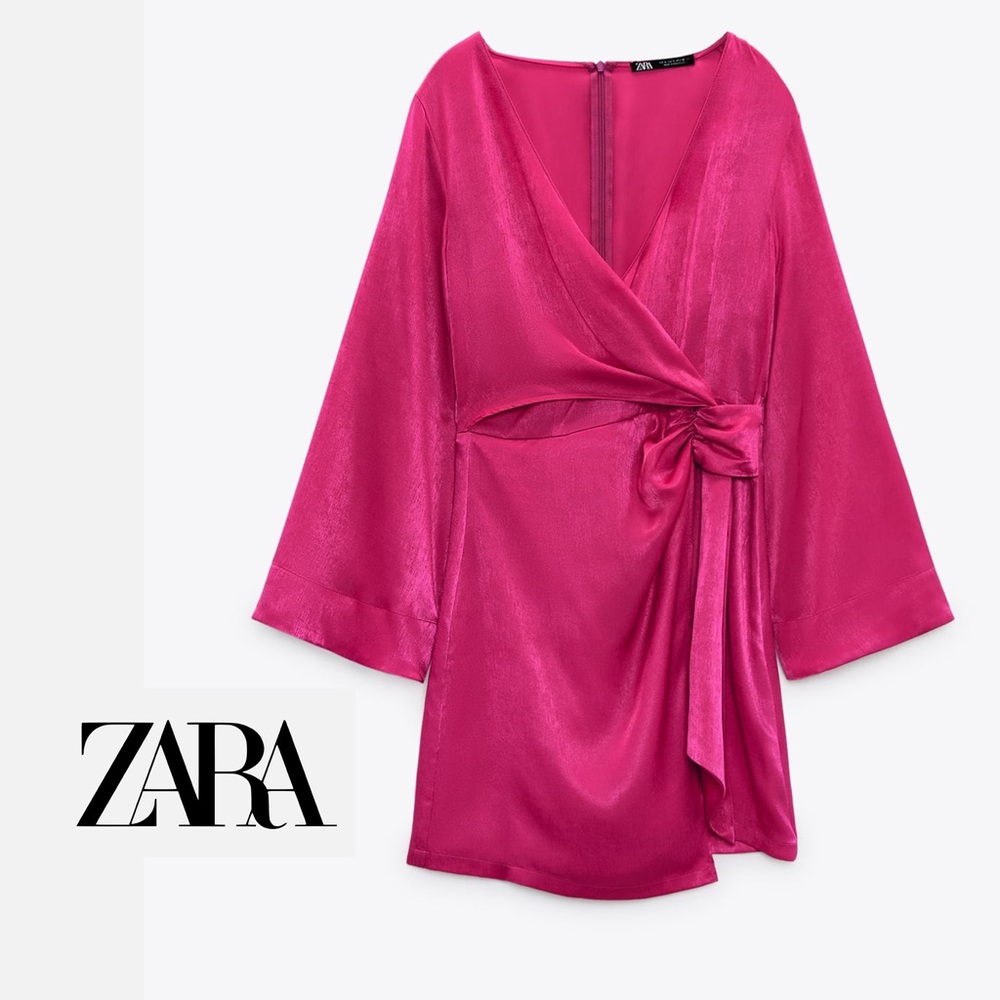 Zara Satin Effect Wrap Dress in fuchsia